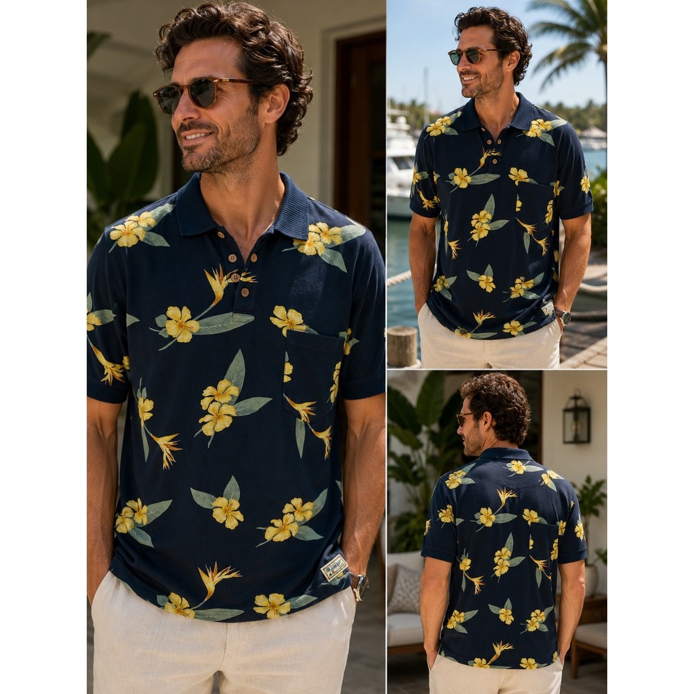 Tommy Bahama Floral Polo Shirt Navy Yellow Hawaiian Tropical Men Large